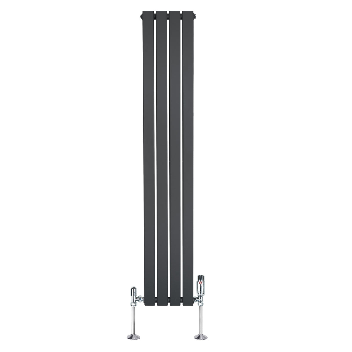 Radiador plano de coluna simples cinza antracite, com design vertical e válvulas cromadas, ideal para aquecimento eficiente e moderno