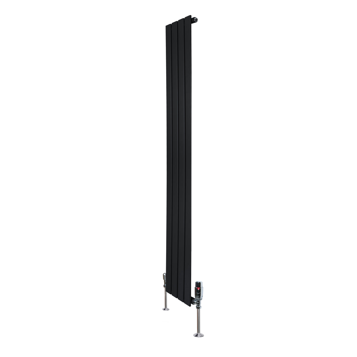 Radiador plano de coluna simples, 1600 x 280 mm, na cor preta, com design moderno e válvulas metálicas na base, ideal para aquecimento eficiente
