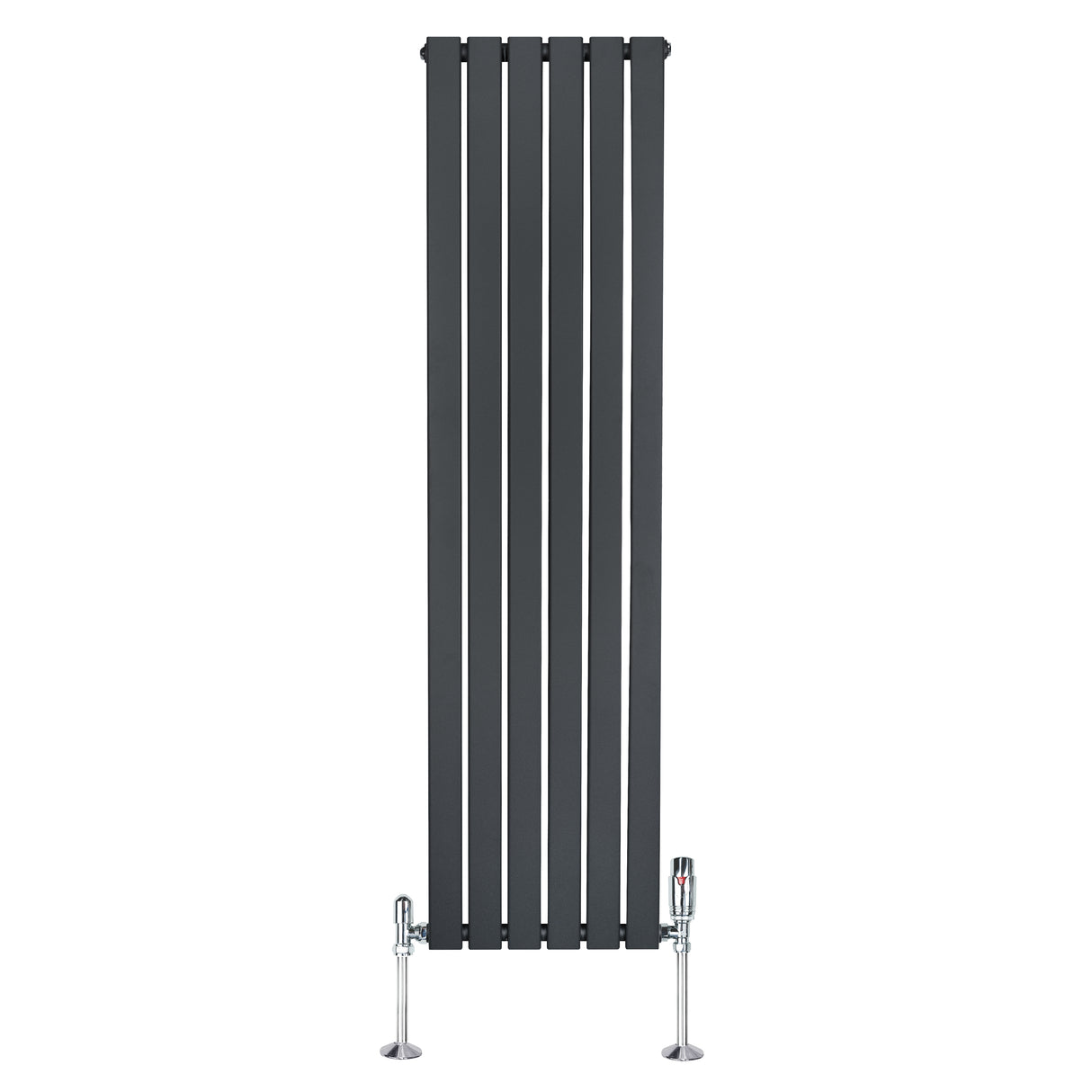 Radiador plano de coluna simples, cinzento antracite, com design vertical e válvulas na base, ideal para aquecimento moderno