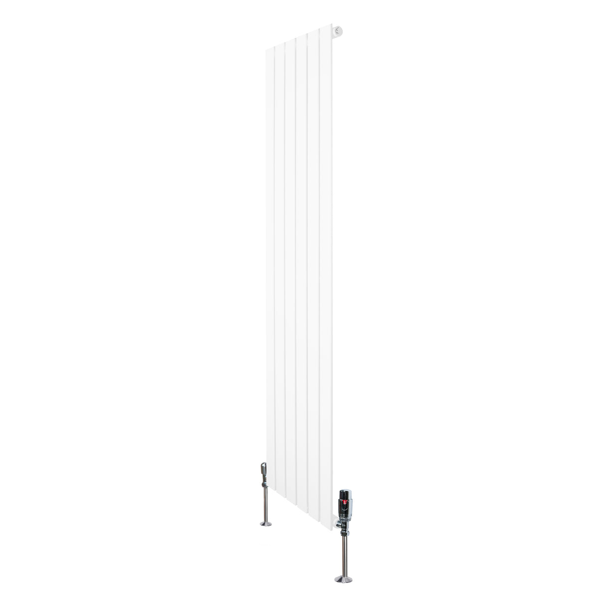 Radiador plano de coluna simples em branco, com design vertical e válvulas, ideal para aquecimento eficiente e moderno