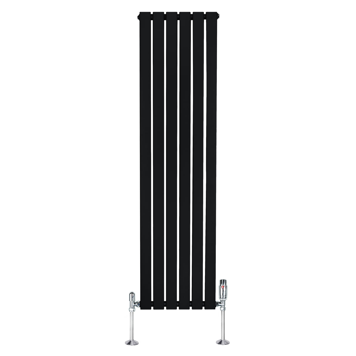 Radiador plano de coluna simples, 1600 × 420 mm, com acabamento preto e válvulas cromadas, ideal para aquecimento eficiente