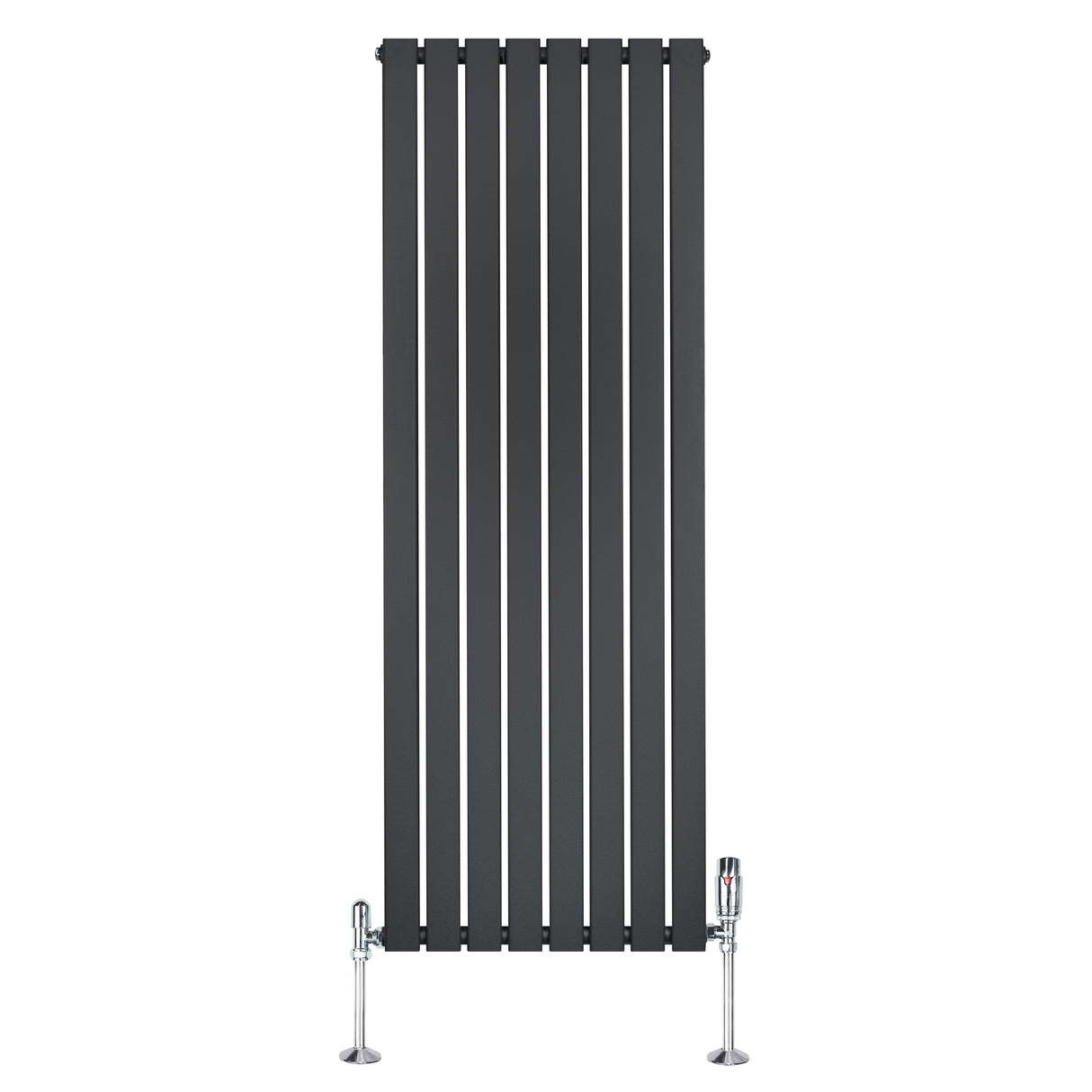 Radiador plano de coluna simples em cinzento antracite, com design vertical e válvulas cromadas na base, ideal para aquecimento moderno