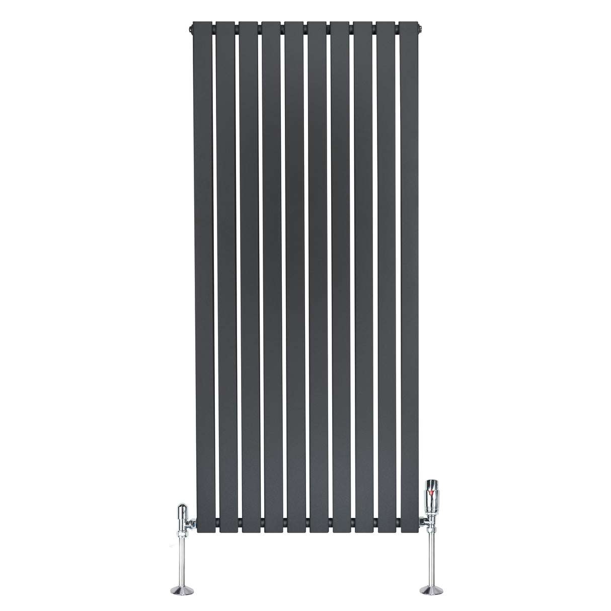 Radiador plano de coluna simples em cinzento antracite, com design vertical e válvulas cromadas na base, ideal para aquecimento moderno
