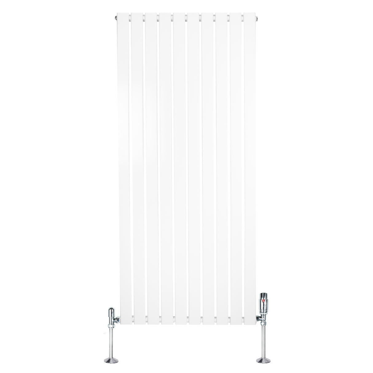 Radiador plano de coluna simples, 1600 x 700 mm, acabamento branco, com válvulas cromadas e design vertical elegante e moderno