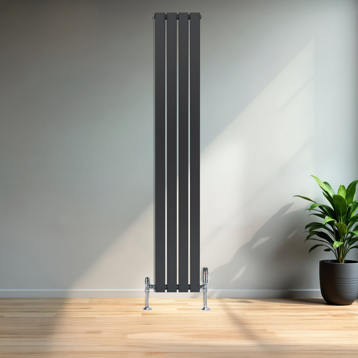 Radiador plano de coluna simples cinzento antracite, com design vertical, textura lisa e válvulas, ideal para aquecimento moderno