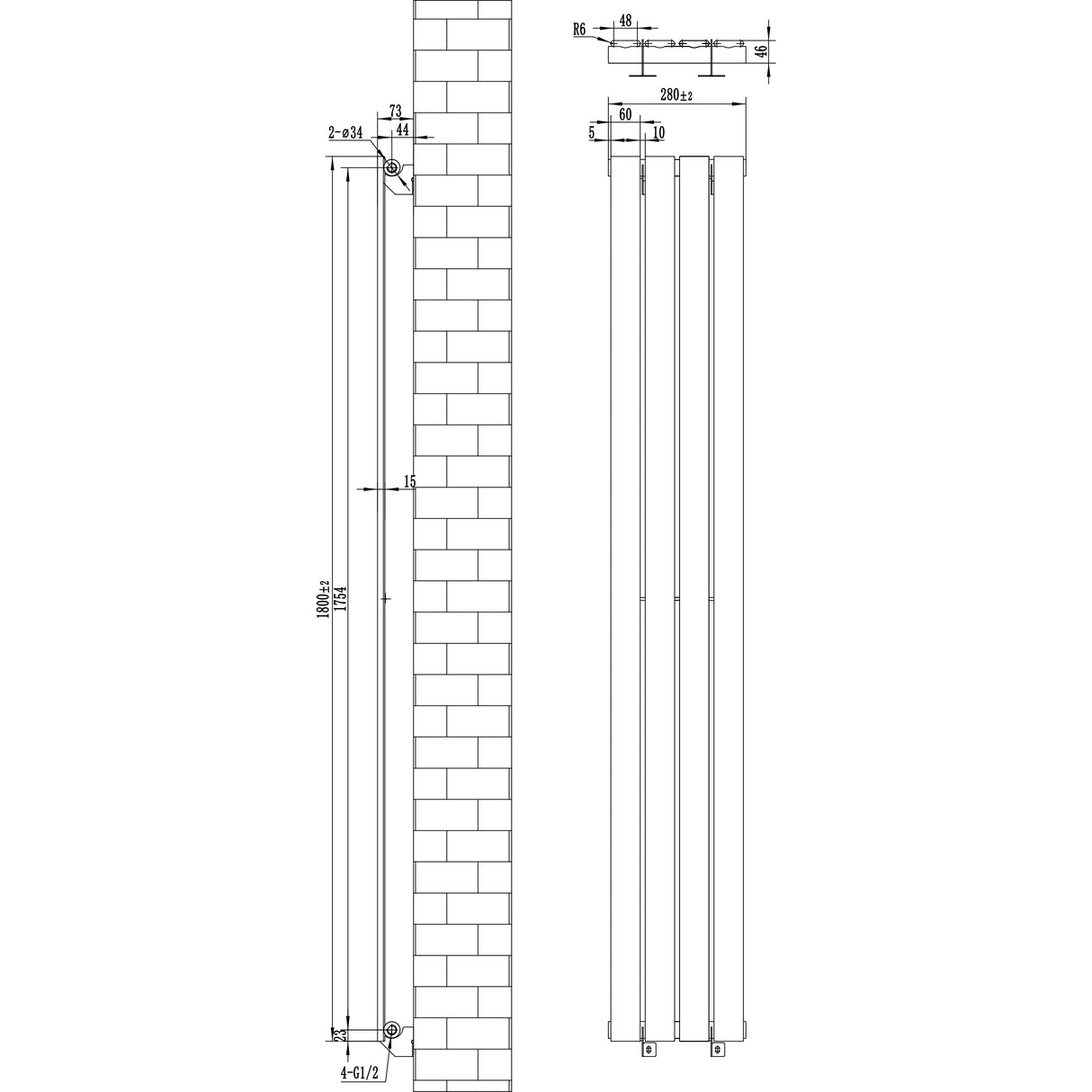 Radiador plano de coluna simples branco, com dimensões de 1800 mm x 280 mm, apresentando design elegante e moderno, ideal para aquecimento