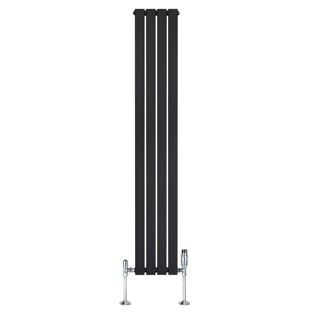 Radiador plano de coluna simples, 1800 mm x 280 mm, na cor preta, com design moderno e válvulas cromadas na base