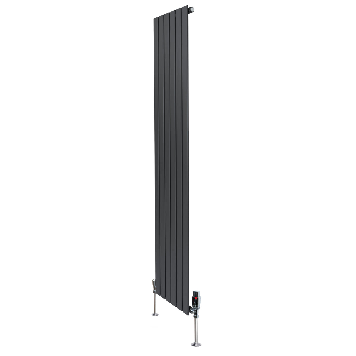 Radiador plano de coluna simples em cinzento antracite, com design vertical e válvulas, medindo 1800 mm x 420 mm