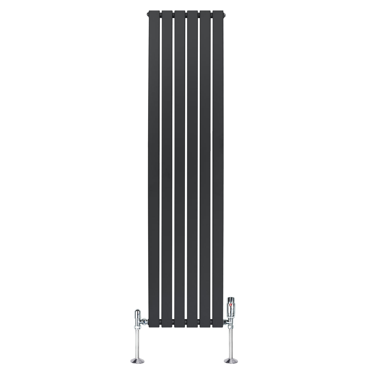 Radiador plano de coluna simples em cinzento antracite, com design vertical e válvulas cromadas, ideal para aquecimento moderno
