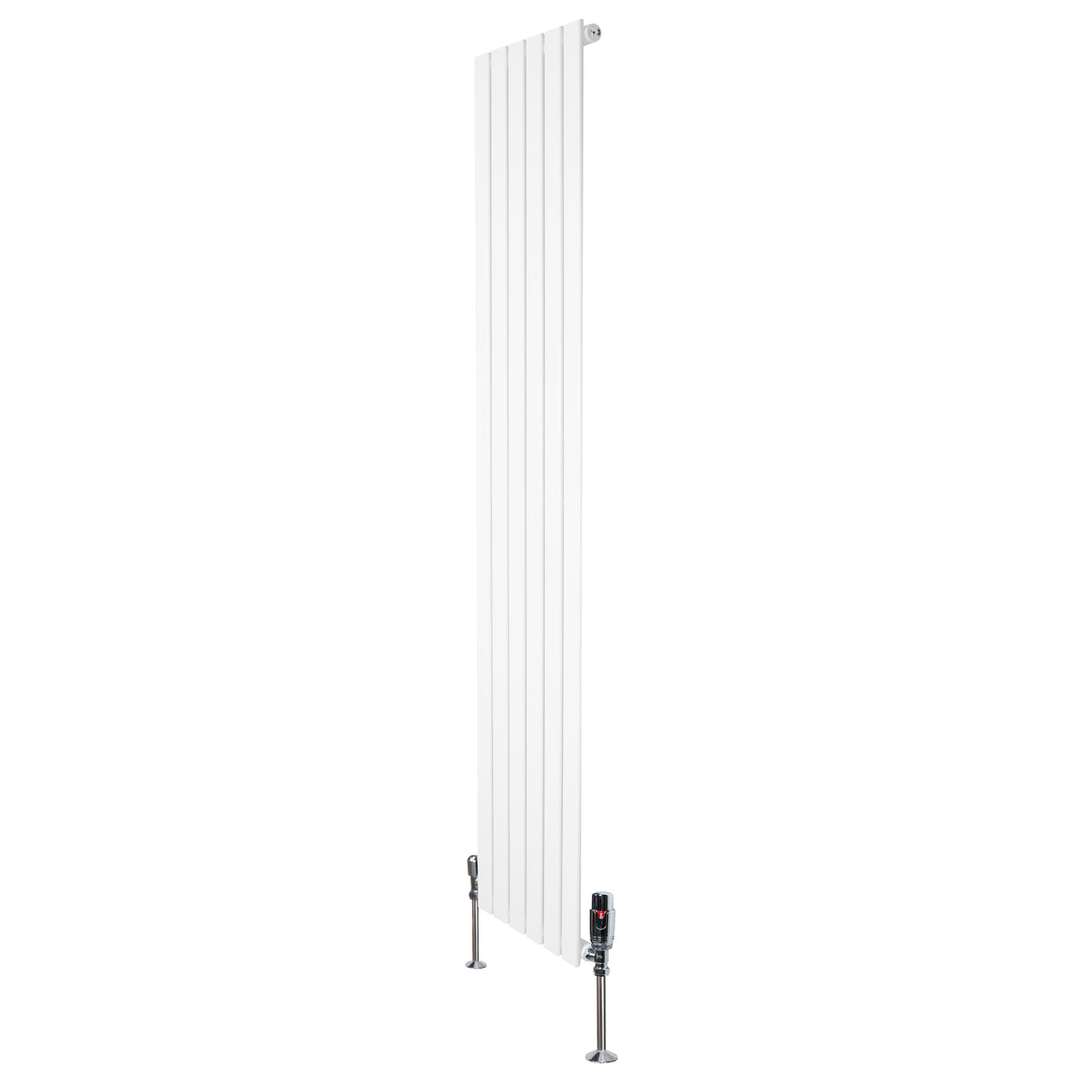 Radiador plano de coluna simples branco, 1800 mm x 420 mm, com acabamento liso e válvulas metálicas na base para aquecimento eficiente