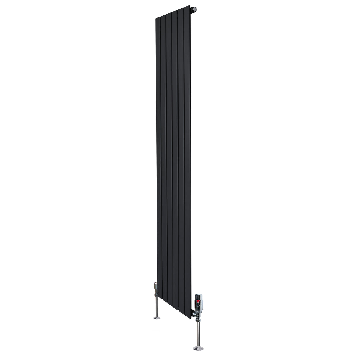 Radiador plano de coluna simples, 1800 mm x 420 mm, na cor preta, com design elegante e válvulas na base para aquecimento eficiente