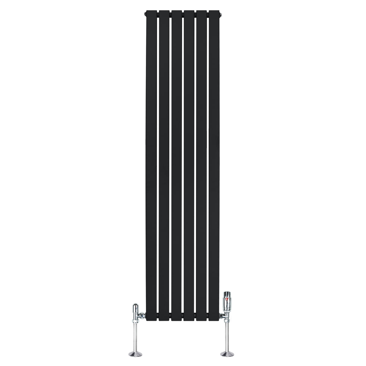 Radiador plano de coluna simples, 1800 mm x 420 mm, com acabamento preto e válvulas cromadas, ideal para aquecimento moderno