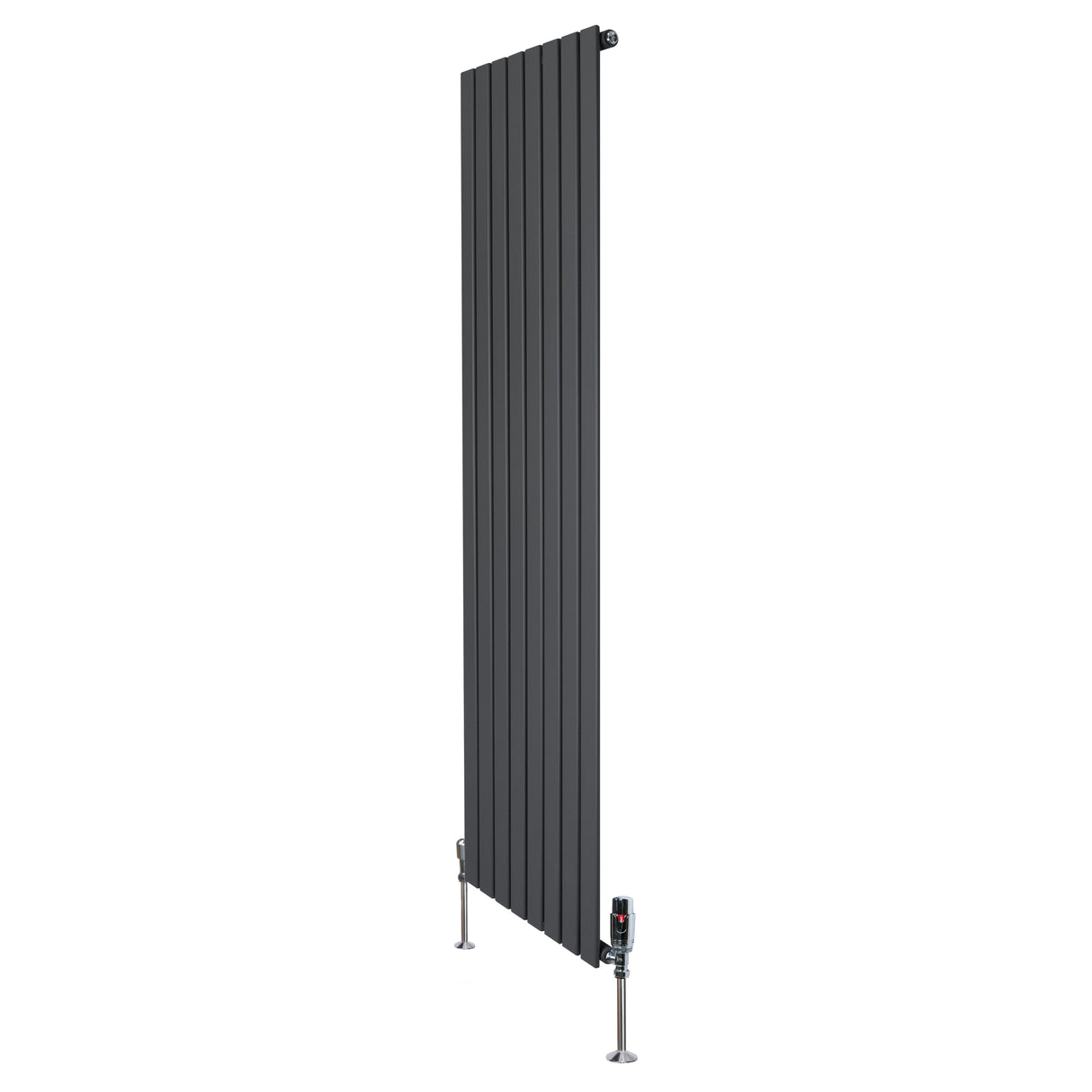 Radiador plano de coluna única cinzento antracite, com design vertical e válvulas, medindo 1800 mm x 560 mm, ideal para aquecimento