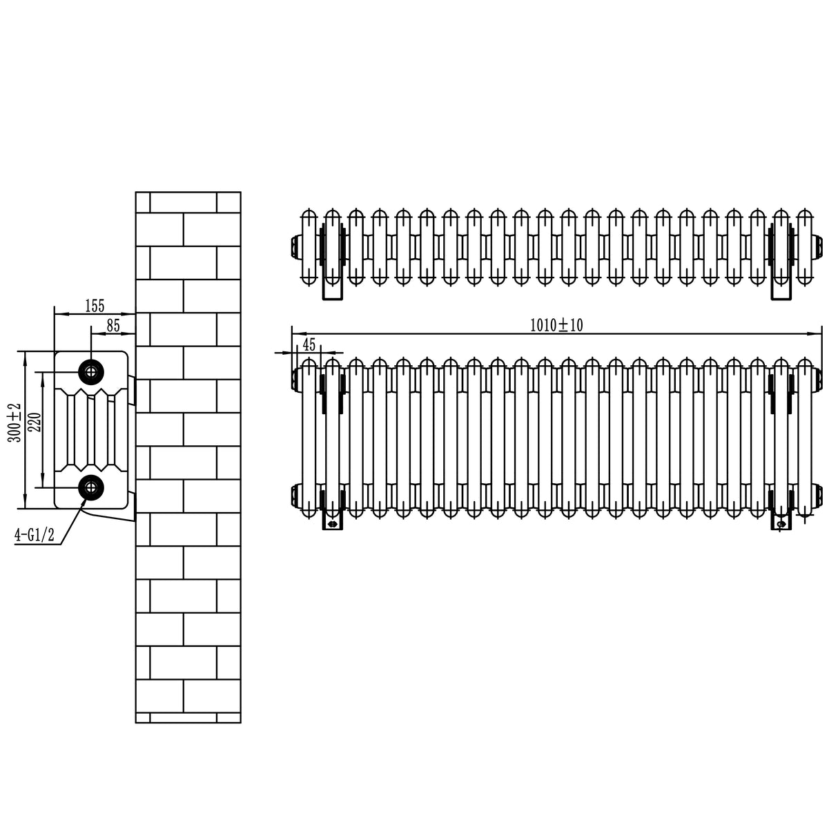 Radiador tradicional de 4 colunas em cinzento antracite, com dimensões de 300 x 1010 mm, ideal para aquecimento eficiente e elegante
