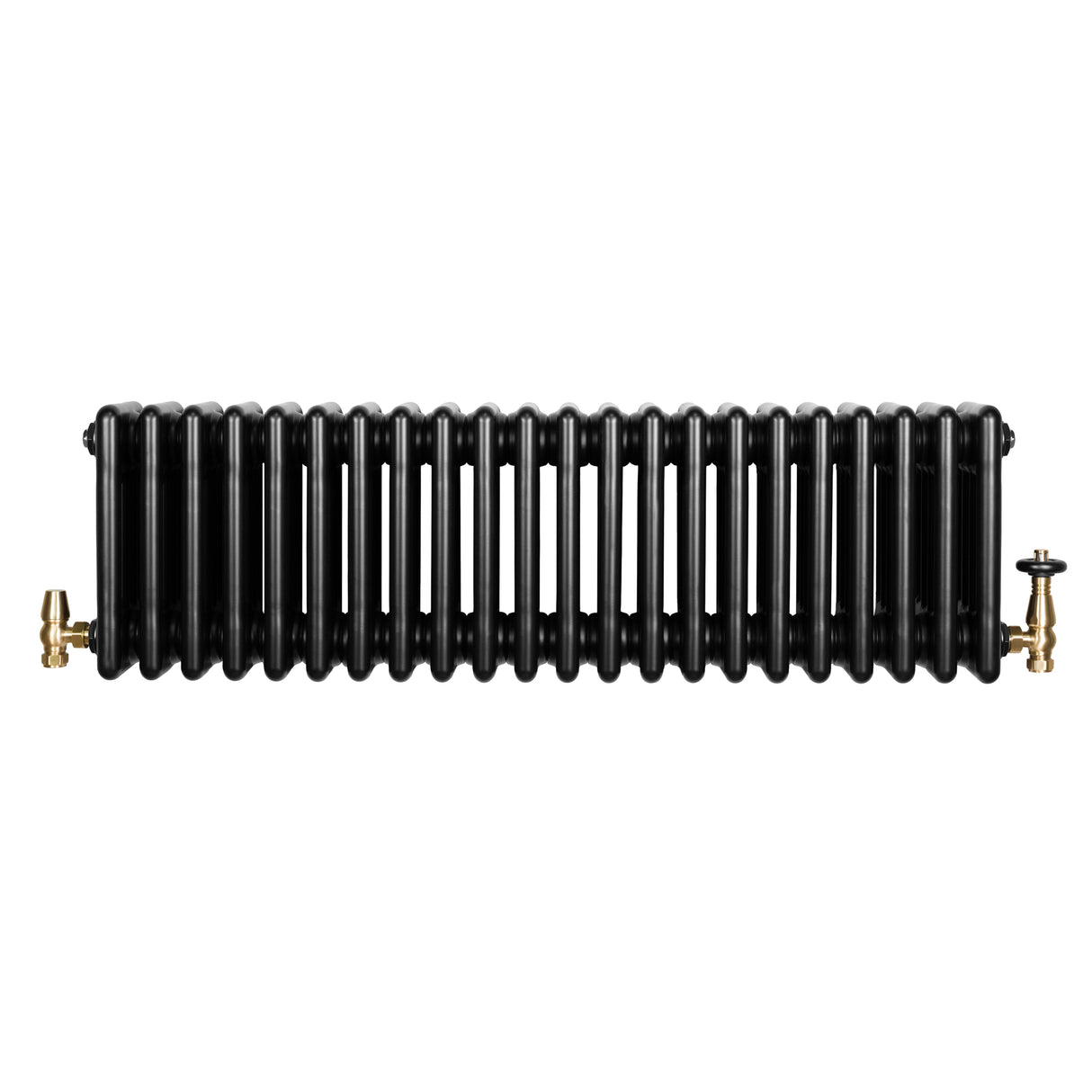 Radiador tradicional de 4 colunas, acabamento preto brilhante, com válvulas de metal dourado, design elegante e funcional