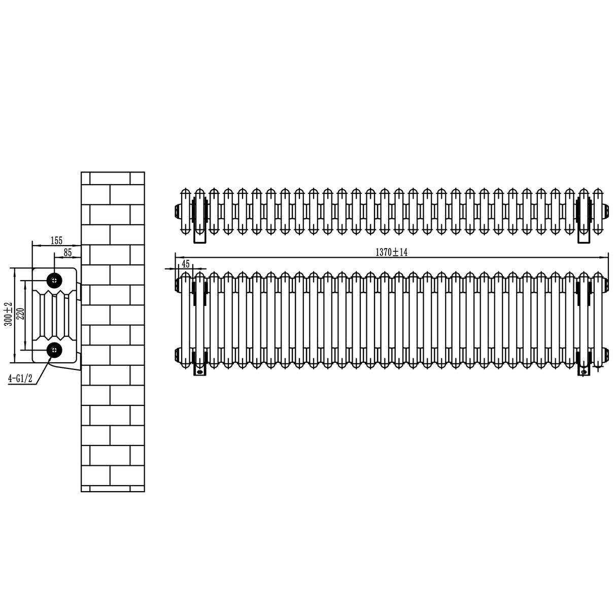 Radiador tradicional de 4 colunas em cinza antracite, com design elegante e dimensões de 300 x 1370 mm, ideal para aquecimento eficiente
