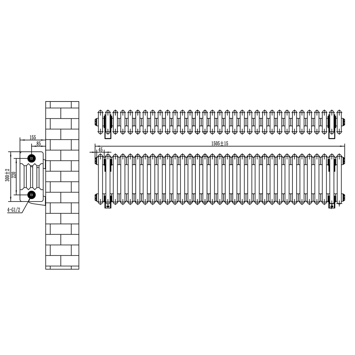 Radiador tradicional de 4 colunas em cinza antracite, com dimensões de 300 x 1505 mm e válvulas, ideal para aquecimento eficiente