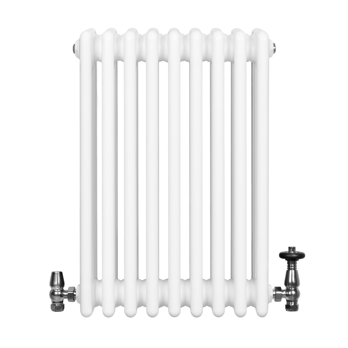 Radiador tradicional de 4 colunas, acabamento branco brilhante, com válvulas metálicas, ideal para aquecimento de ambientes pequenos