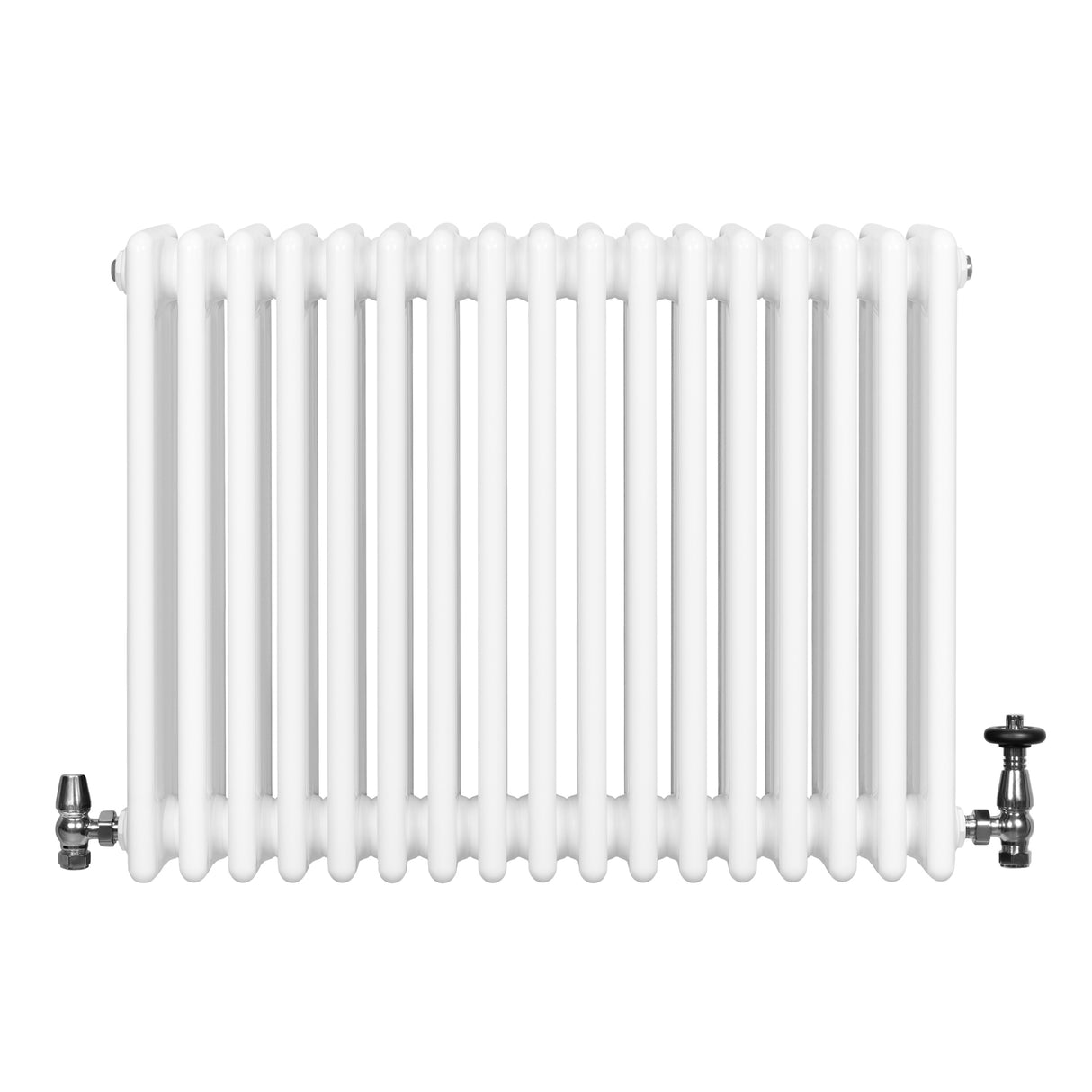 Radiador tradicional de 4 colunas em branco, com acabamento liso e válvulas metálicas, ideal para aquecimento de ambientes