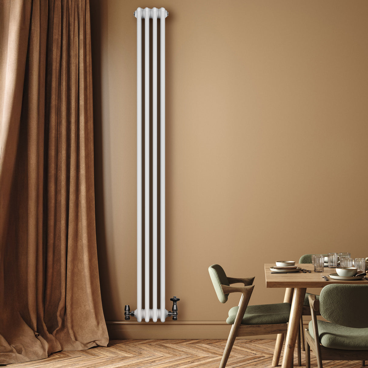 Radiador tradicional branco de 4 colunas, instalado em parede de tom neutro, com válvulas visíveis e ambiente moderno ao fundo