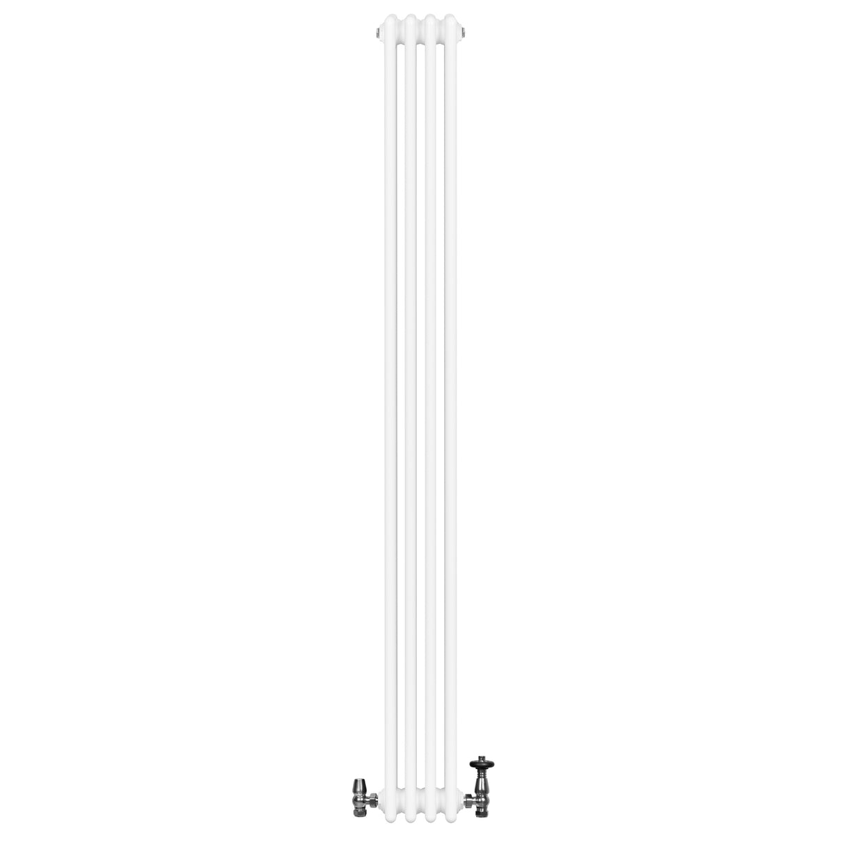 Radiador tradicional branco de 4 colunas, com válvulas, medindo 1800 x 200 mm, apresentando um design elegante e minimalista