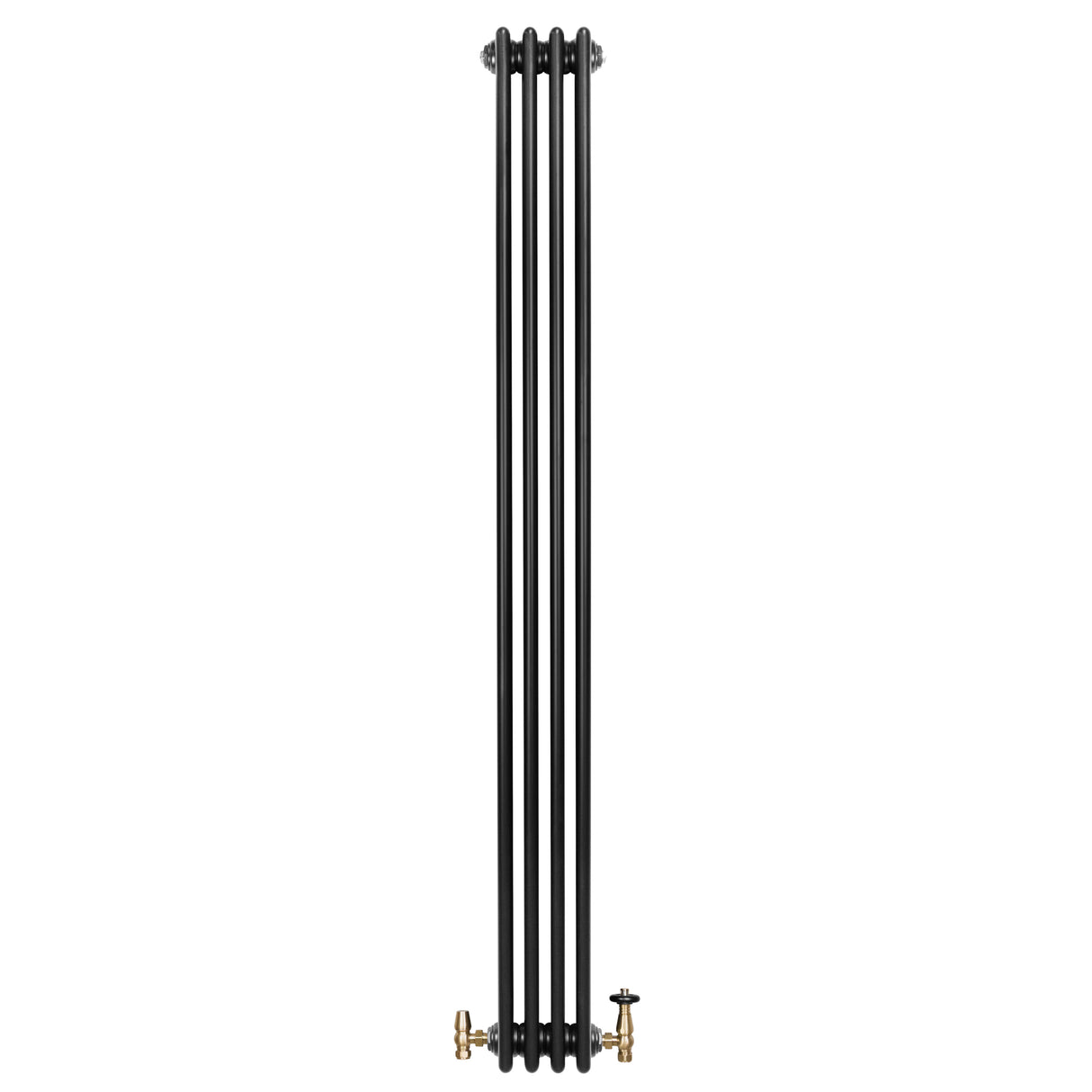 Radiador tradicional preto de 4 colunas, com válvulas de bronze, design elegante e acabamento liso, ideal para aquecimento interno
