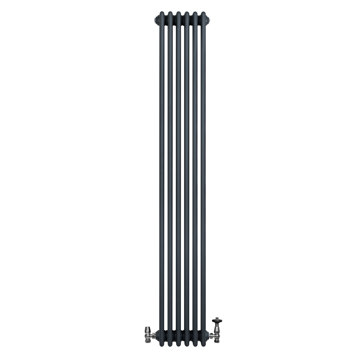 Radiador tradicional de 4 colunas em cinza antracite, com acabamento liso e válvulas, ideal para aquecimento eficiente e elegante