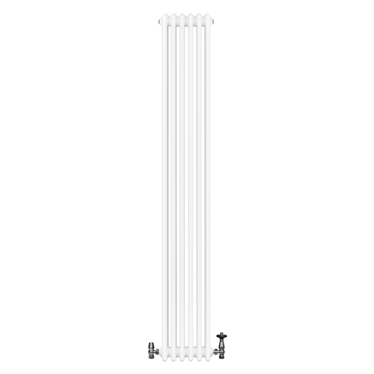 Radiador tradicional de 4 colunas em branco, com válvulas, medindo 1800 x 290 mm, ideal para aquecimento eficiente e elegante