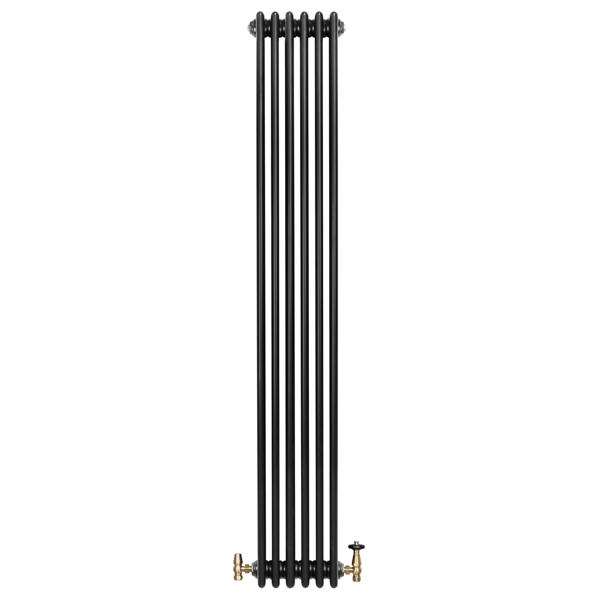 Radiador tradicional preto de 4 colunas, 1800 x 290 mm, com válvulas douradas, ideal para aquecimento e decoração de ambientes
