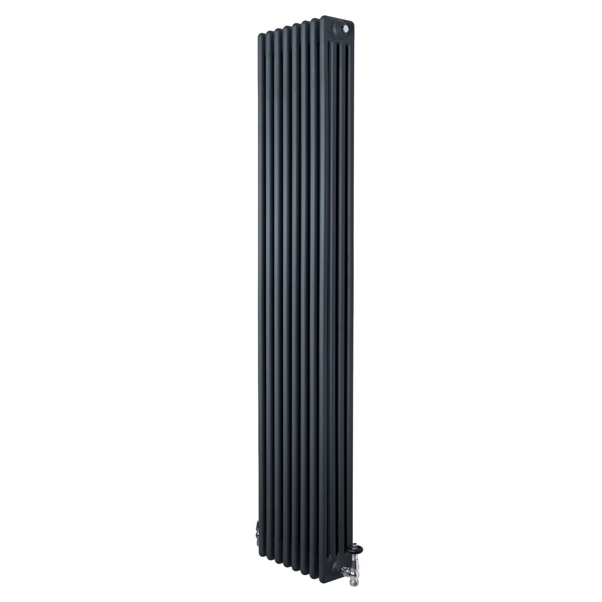 Radiador tradicional de 4 colunas, cinza antracite, com acabamento liso e válvulas, ideal para aquecimento em ambientes modernos