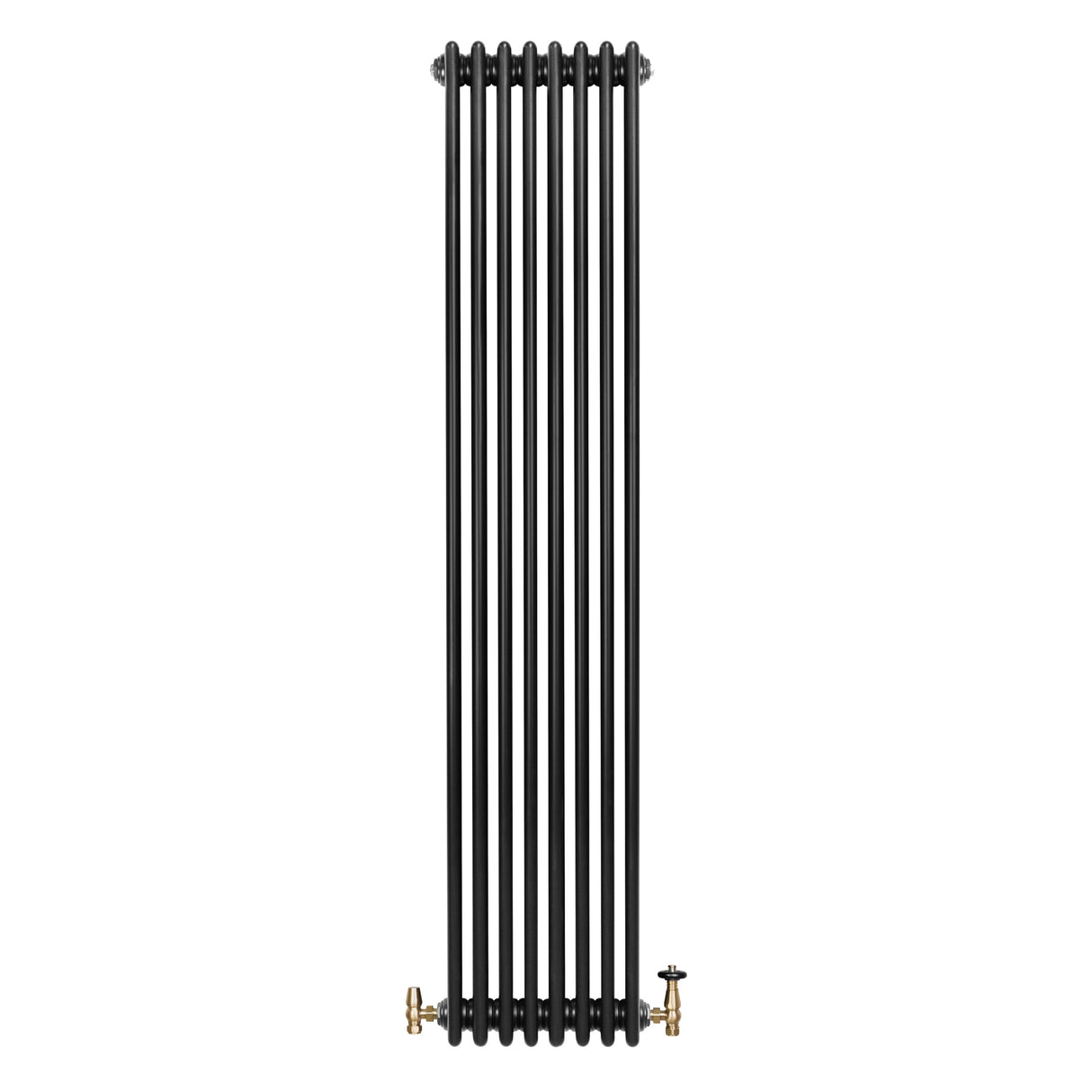 Radiador tradicional preto de 4 colunas, 1800 x 380 mm, com válvulas em metal, apresentando um design elegante e moderno