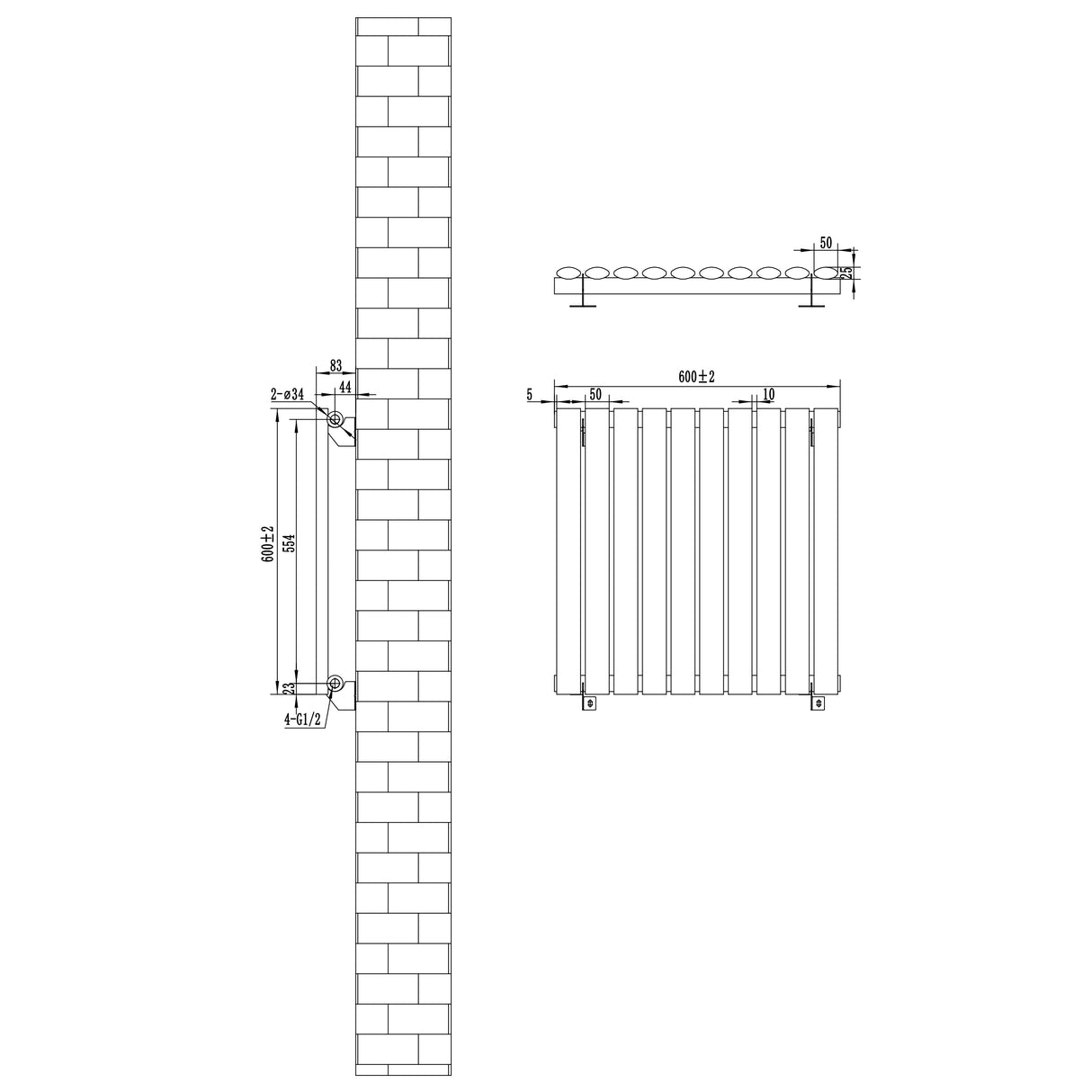 Radiador de coluna simples oval cinza antracite, dimensões de 600 mm x 600 mm, com válvulas, design moderno e elegante