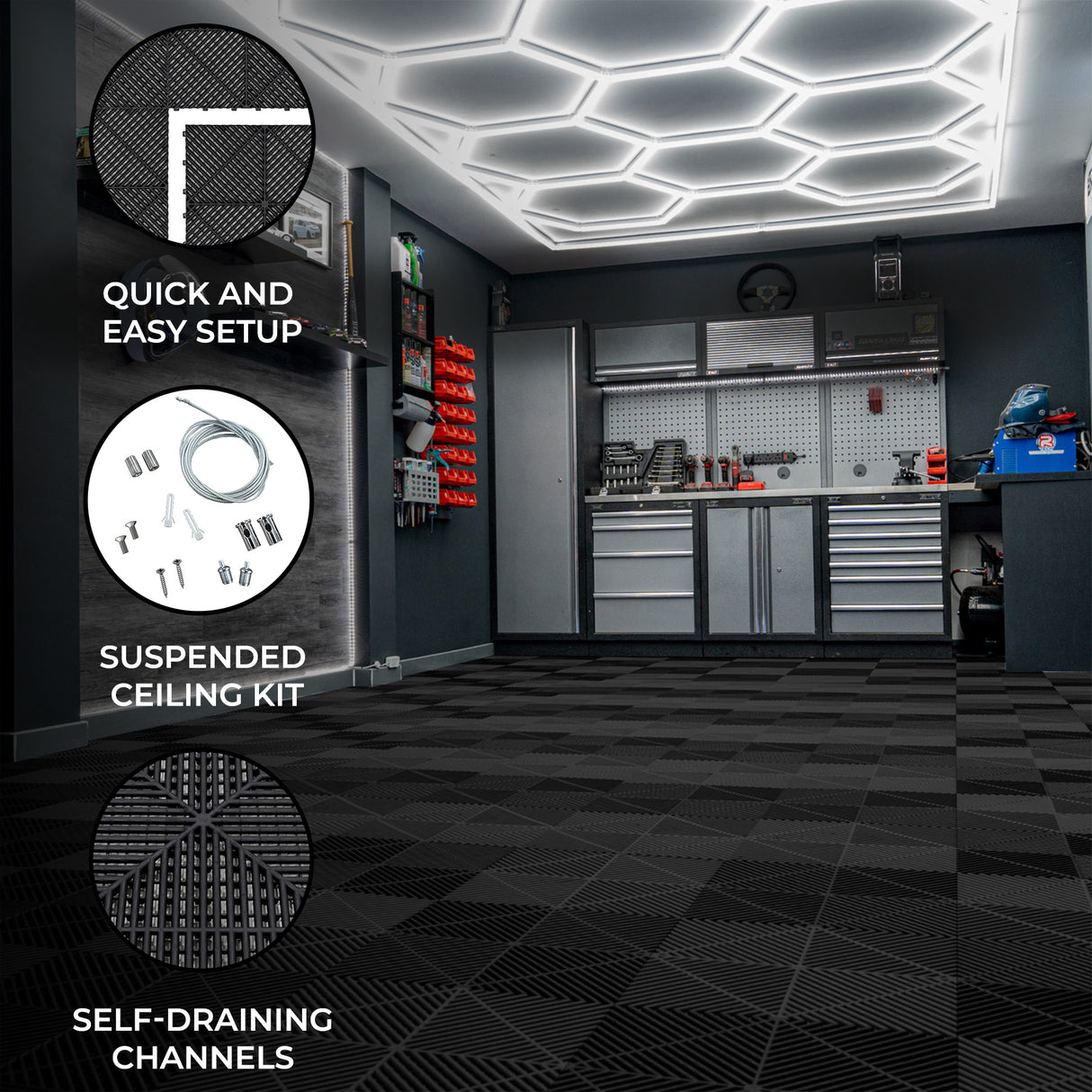 Placas de Polipropileno (120 un) com Bordas - Preto + Luz LED Hexagonal para Teto