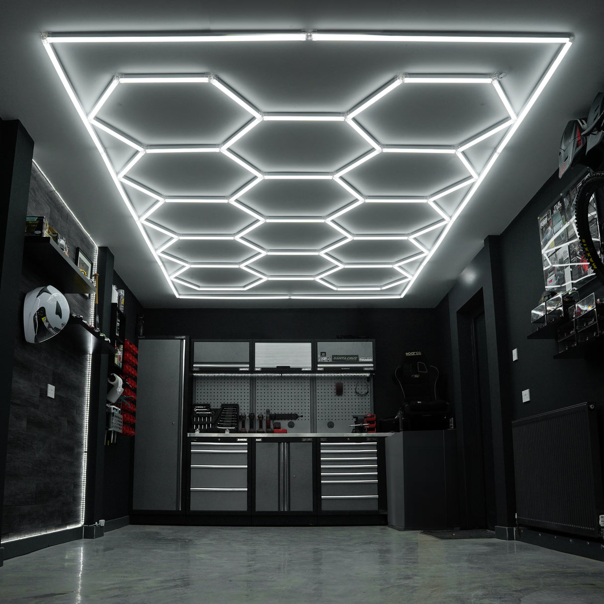 Placas de Polipropileno (120 un) com Bordas - Preto(90) e Cinza(30) + Luz LED Hexagonal para Teto