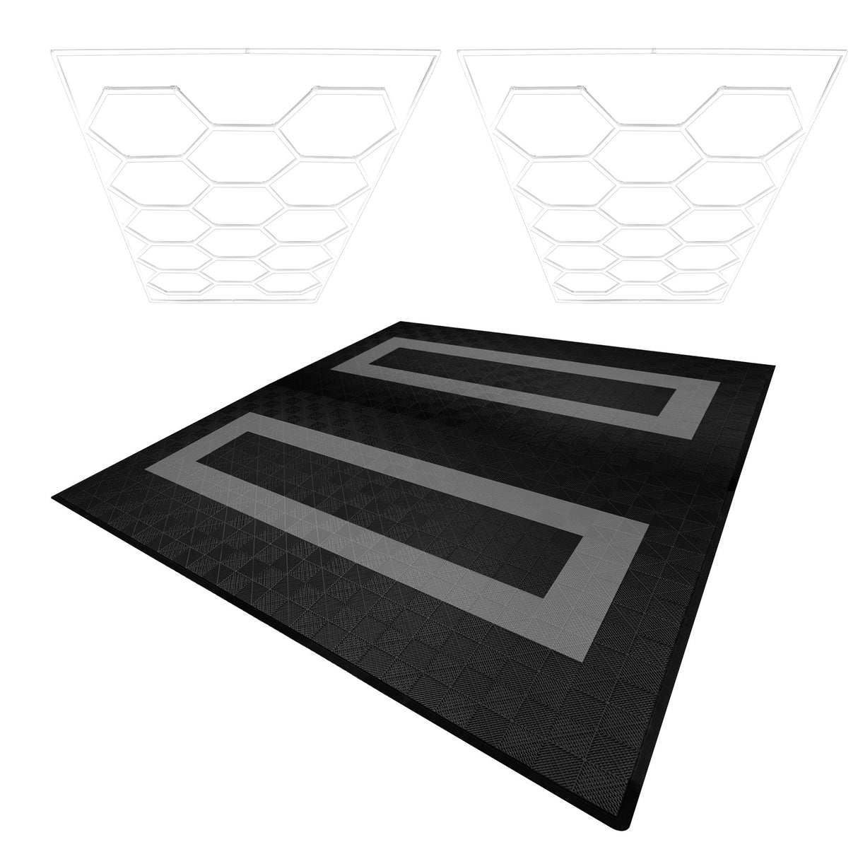Placas de Polipropileno (225un) com Bordas - Preto (x165) e Cinza (x60)+ Luz LED Hexagonal para Teto (x2un)