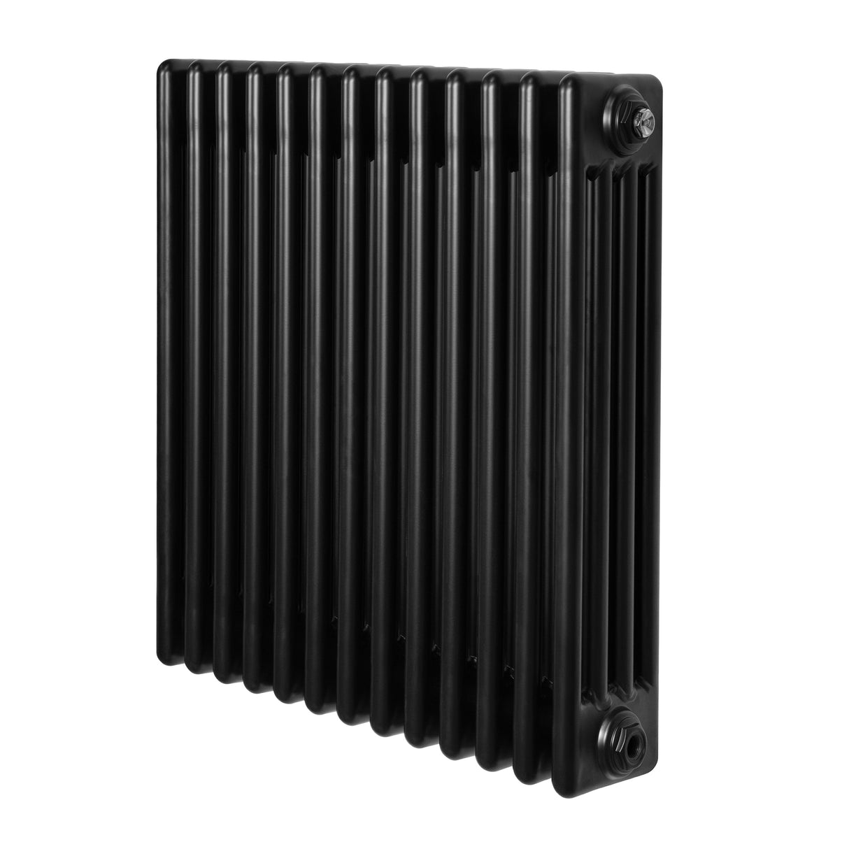 Radiador tradicional preto de 4 colunas, com acabamento liso e moderno, ideal para aquecer ambientes com estilo e eficiência