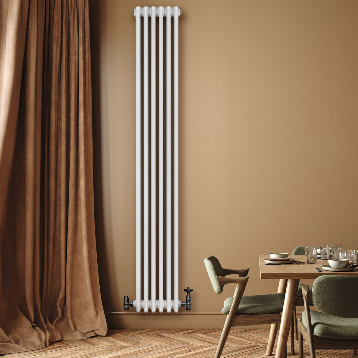 Radiador tradicional de 4 colunas, 1800 x 290 mm, na cor branca, instalado em parede com decoração moderna e mesa de jantar ao fundo