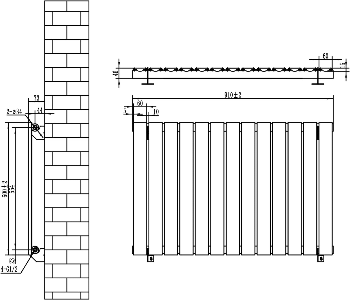 Radiador de coluna única cinza antracite, dimensões 600 mm x 910 mm, com design moderno e linhas retas, ideal para aquecimento eficiente