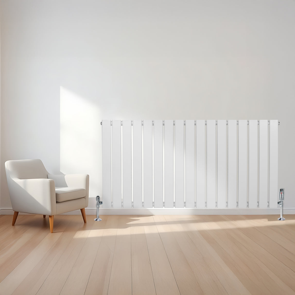 Radiador de coluna única branco de 600 mm x 1190 mm, com design elegante e linhas retas, instalado em ambiente moderno e claro