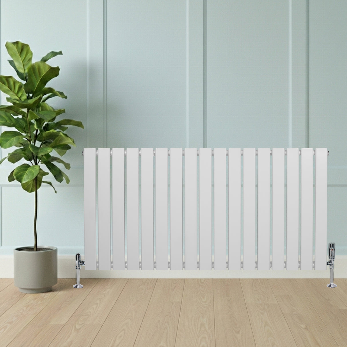 Radiador de coluna única branco com design moderno, 600 mm x 1190 mm, instalado em ambiente com piso de madeira e planta decorativa