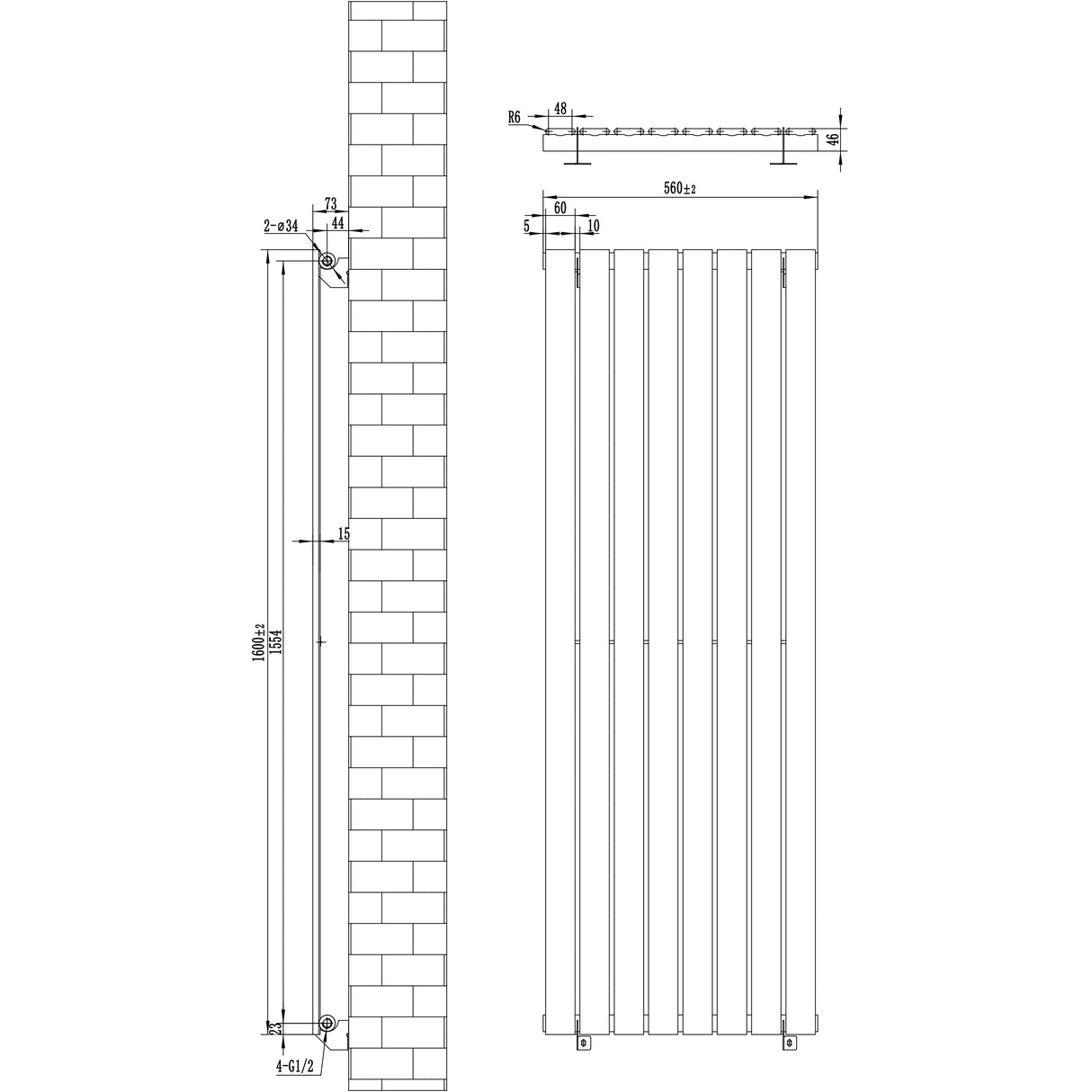 Radiador de coluna única preto, medindo 1600 mm x 560 mm, com design vertical e linhas retas, ideal para aquecimento eficiente
