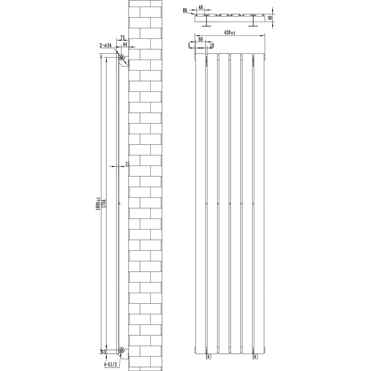 Radiador de coluna única cinza antracite, 1800 mm x 420 mm, com design vertical e acabamento liso, ideal para aquecimento eficiente