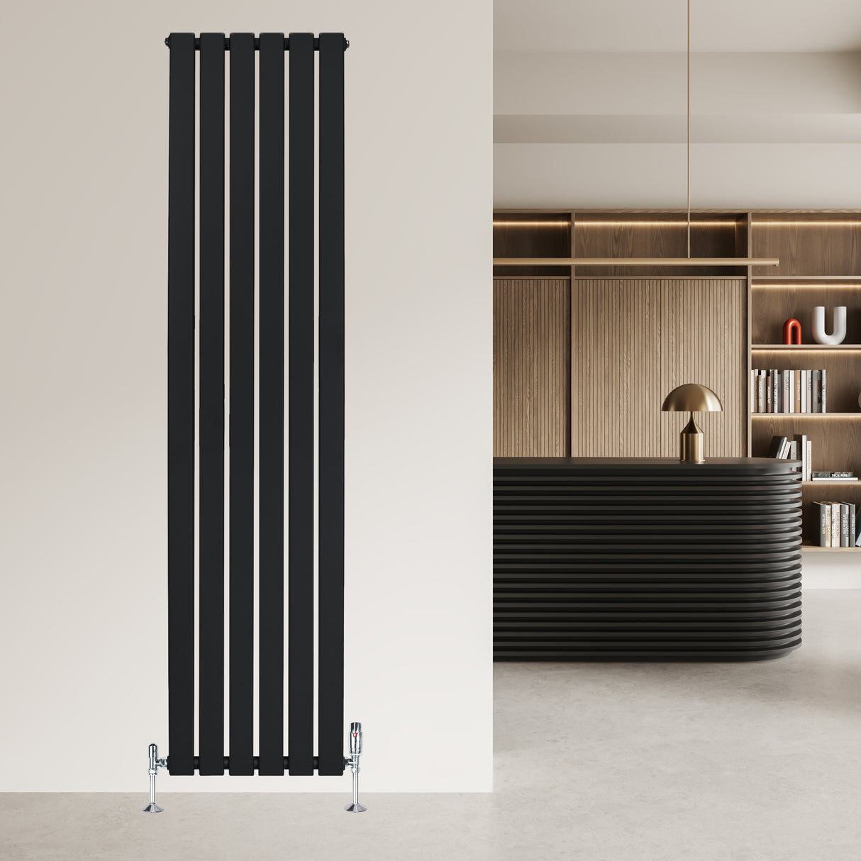 Radiador de coluna única preto, 1800 mm x 420 mm, com design vertical elegante e acabamento liso, ideal para ambientes modernos