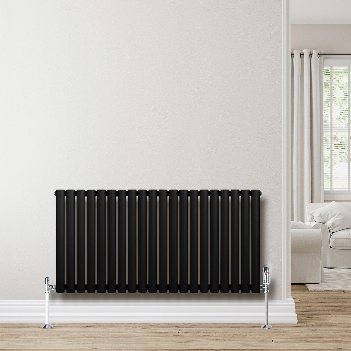 Radiador de coluna simples oval preto, 600 mm x 1200 mm, com acabamento liso e moderno, ideal para aquecer ambientes elegantes