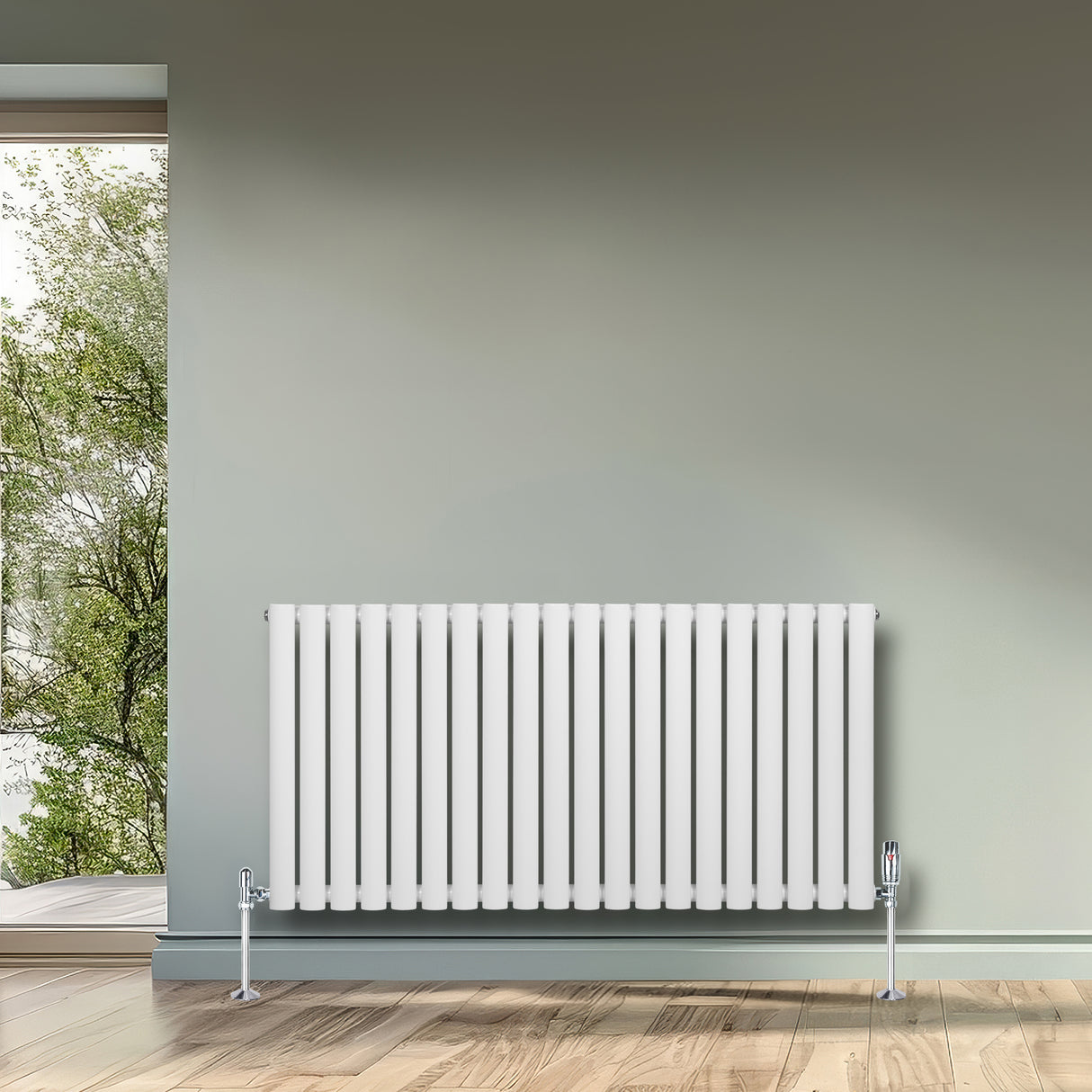 Radiador de coluna simples oval branco, 600 mm x 1200 mm, com acabamento liso e moderno, instalado em parede cinza clara