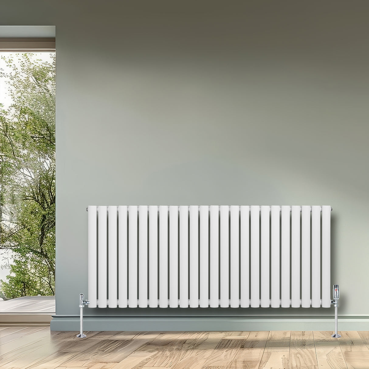 Radiador oval de coluna simples, 600 x 1440 mm, na cor branca, com acabamento liso e moderno, instalado em parede cinza clara