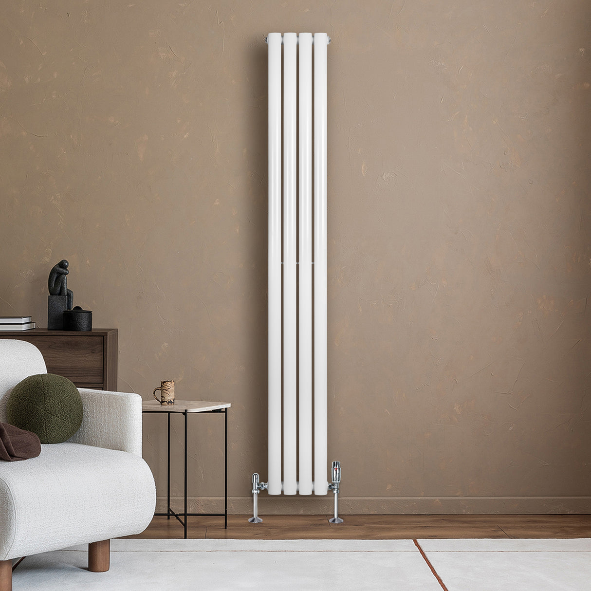Radiador de coluna simples oval branco, 1800 mm x 240 mm, com design elegante e moderno, ideal para aquecer ambientes sofisticados