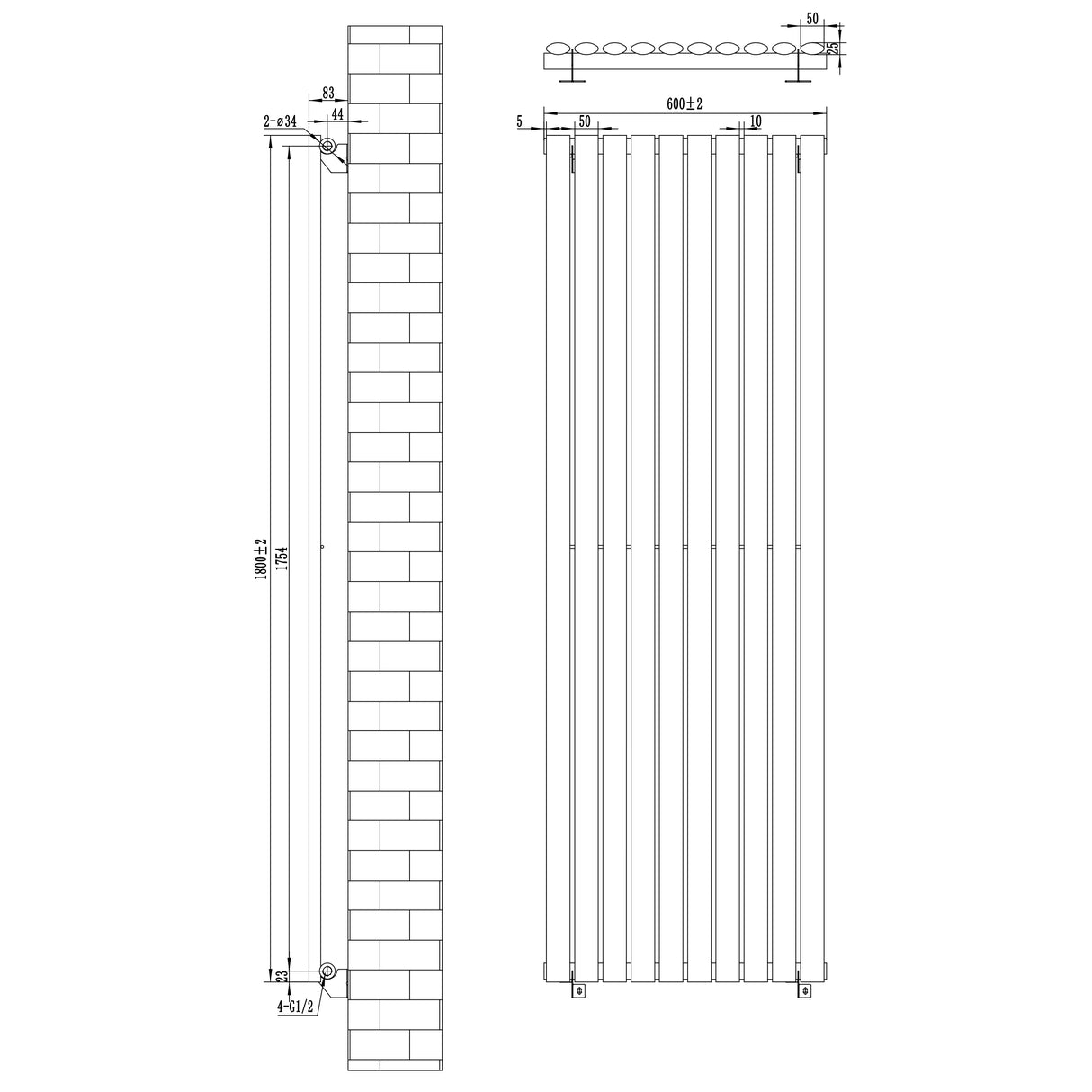 Radiador de coluna simples oval preto, medindo 1800 mm x 600 mm, com design elegante e linhas retas, ideal para aquecimento eficiente