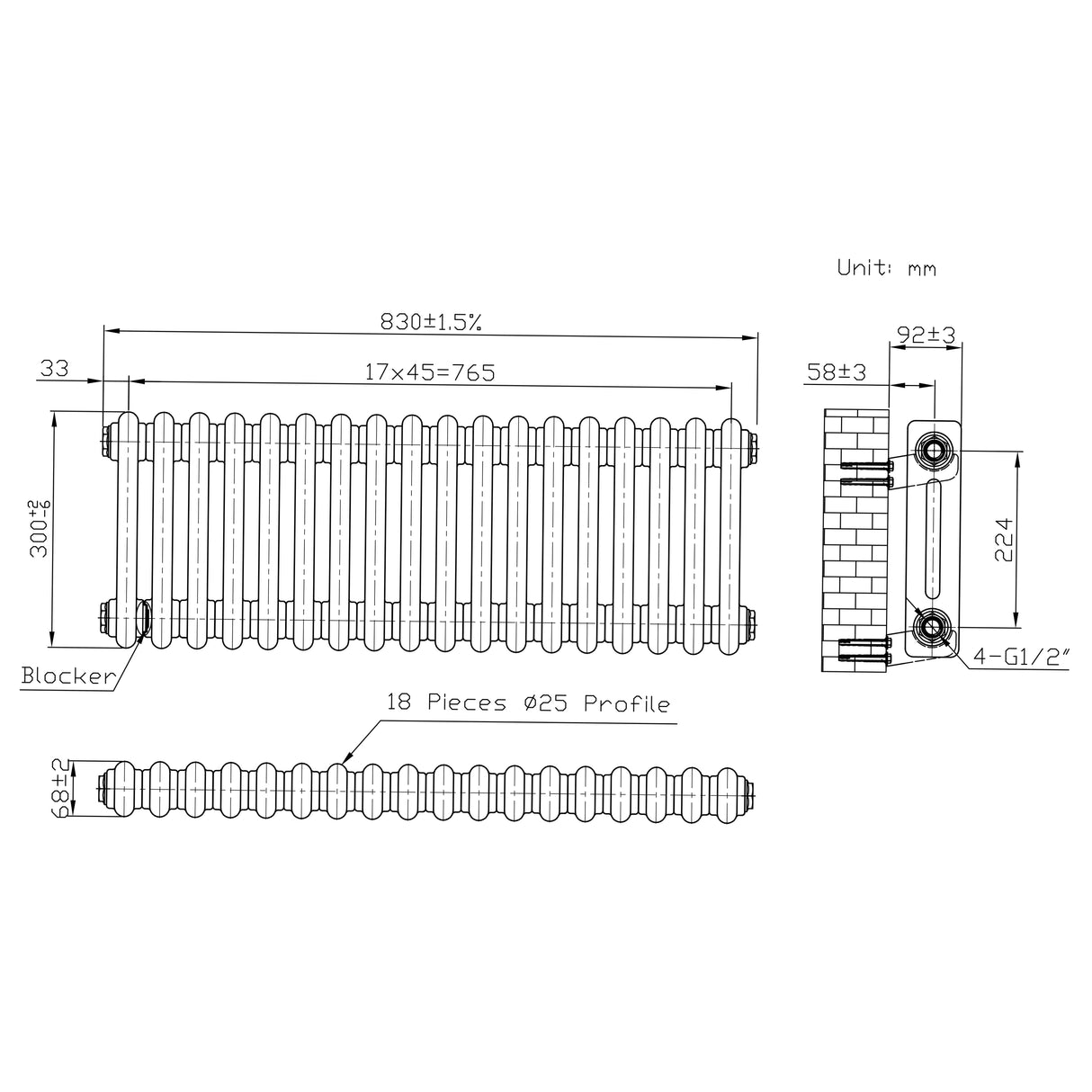 Radiador Tradicional de 2 Colunas - 300 x 830mm - Metal Cru