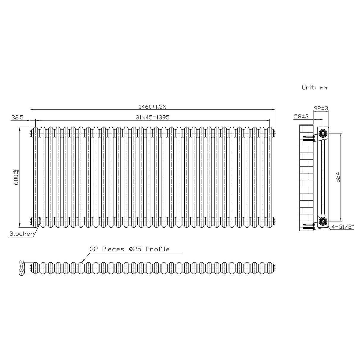 Radiador Tradicional de 2 Colunas - 600 x 1460mm - Metal Cru